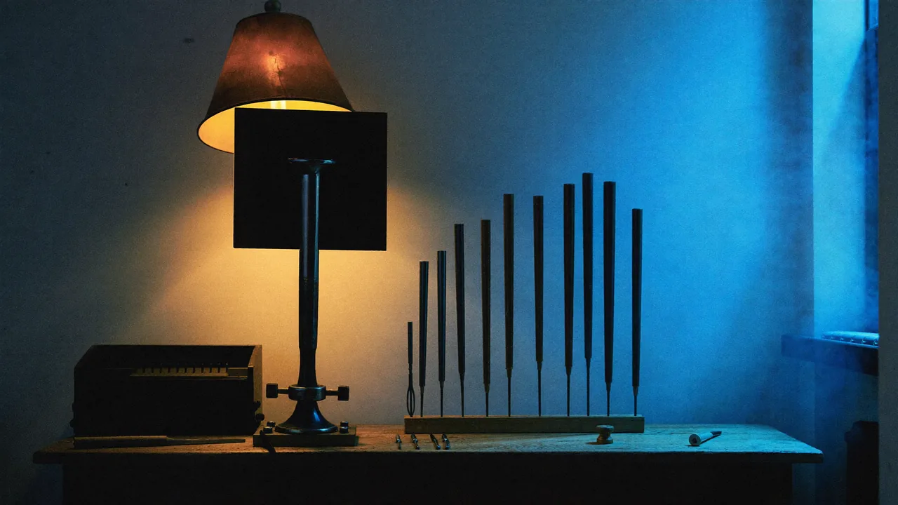 An organ builder’s voicing bench: one pipe on the voicing jack under the lamp, the rank standing beside it