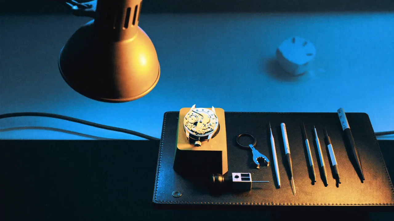 A watchmaker’s bench: an open movement in its holder under the lamp, the tools laid out in order