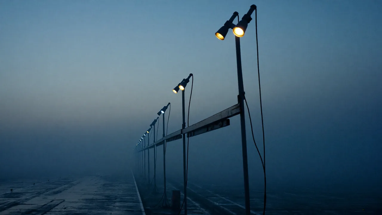 A line of approach lamps at first light, the nearest burning amber and the rest a cold blue
