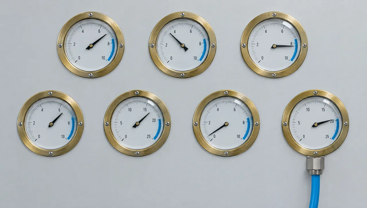 Seven gauges. Not one of them reads full.