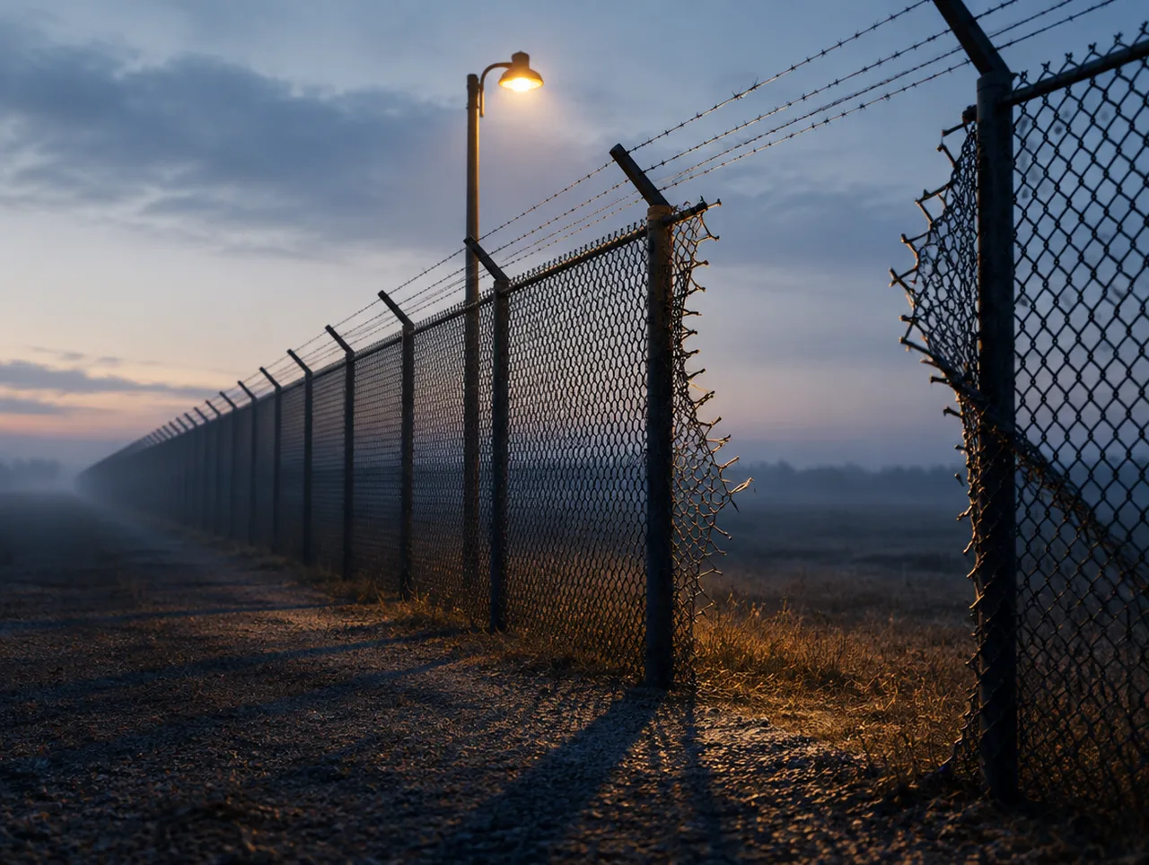 An access control breached at one point, the rest of the barrier still standing.